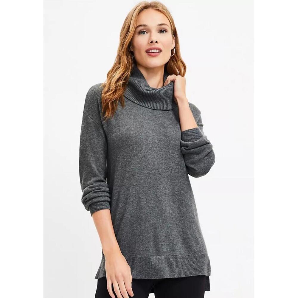 Ann Taylor LOFT Women’s Cowl Turtle Neck Tunic Sweater Petite Med Heather Grey